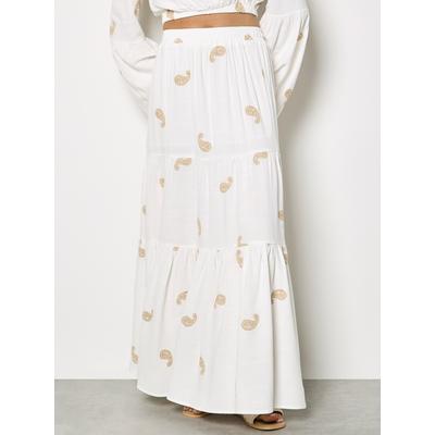 Maxirock APRICOT "Maxirock mit Paisley-Stickerei", Damen, Gr. XS (34), beige (creme), gewebt, Obermaterial: 89% Viskose CV. 11% Leinen LI., gemustert, Röcke Maxirock, mit Stufen