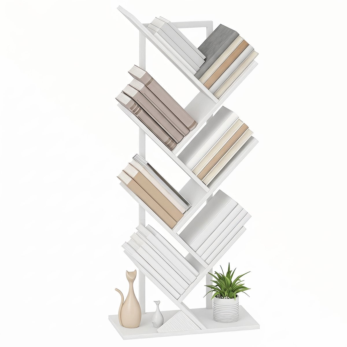 Boomvormige boekenplank met 7 planken, vrijstaande ladderplank voor kantoor of thuis, rustiek wit, Hoogte: 109 cm