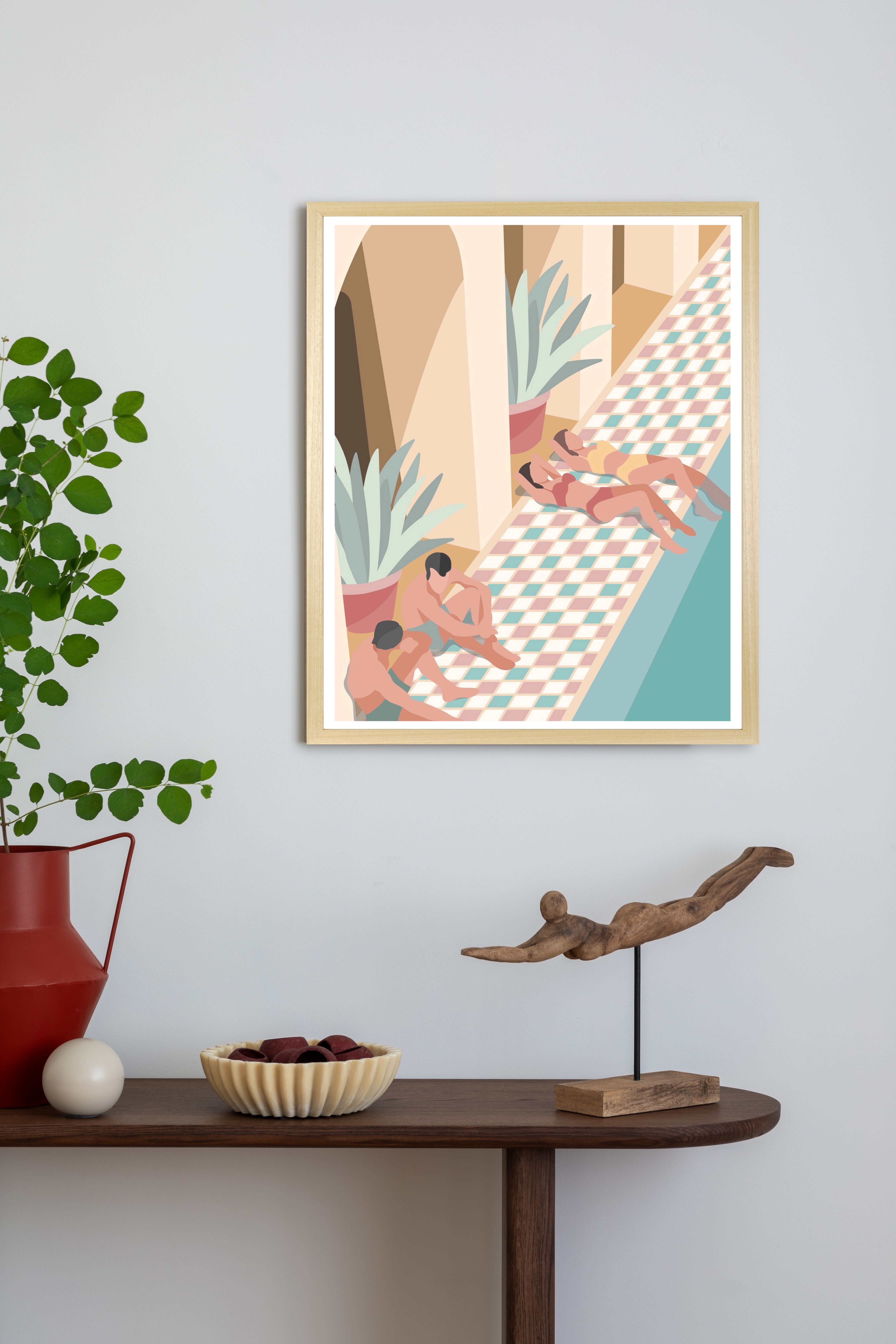 Bild mit Rahmen QUEENCE "Mit Freunden am Pool", beige (farbe rahmen: braun), B:30cm H:40cm T:2,5cm, Holz, Papier, Plexiglas, Bilder, Bild mit Rahmen, Kunstdruck in Pastell mit einem Echtholzrahmen farbe rahmen: braun B/H/T: 30cm x 40cm x 2,5cm, Bilder von