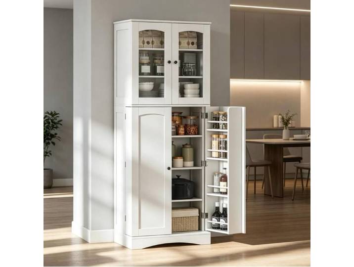 WUVRIE Meuble de rangement cuisine blanc buffet haut avec portes vitrées étagères réglables