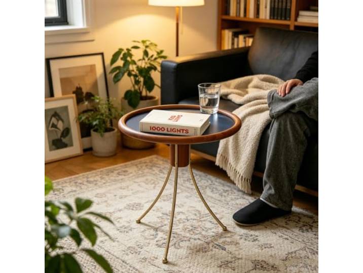 EBOYNSowAprr Moderner runder Couchtisch mit Rollen und Feststellfunktion Mid‑Century Metallrahmen, minimalistischer Beistelltisch für Wohnzimmer(B19.5x24.8in)