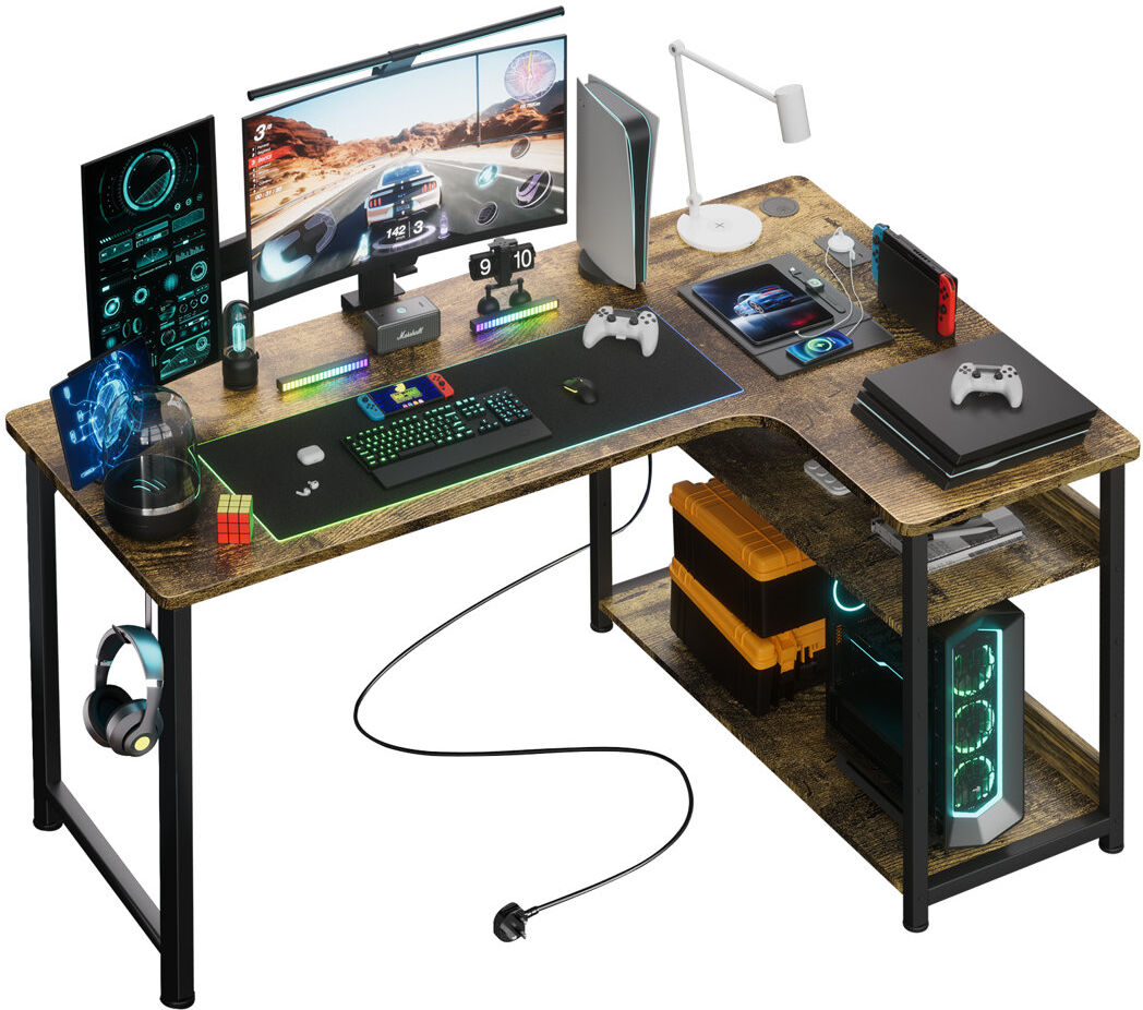 Inbox Zero Hofstra L-Shaped Metal Base with Power Outlet Desk Brown/Black 74cm H x 130cm W x 80cm D