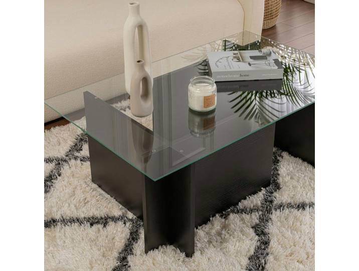 Table basse en verre, pied asymétrique SALTA - Noir