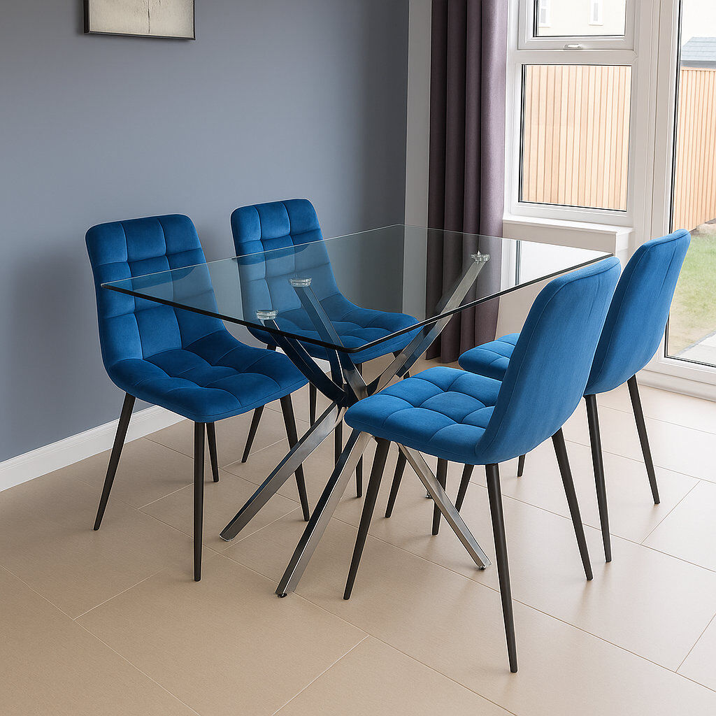 Fairmont Park Dining Table and 4 Chairs Rectangle Table 4 Velvet Chairs Dining Set Blue 4