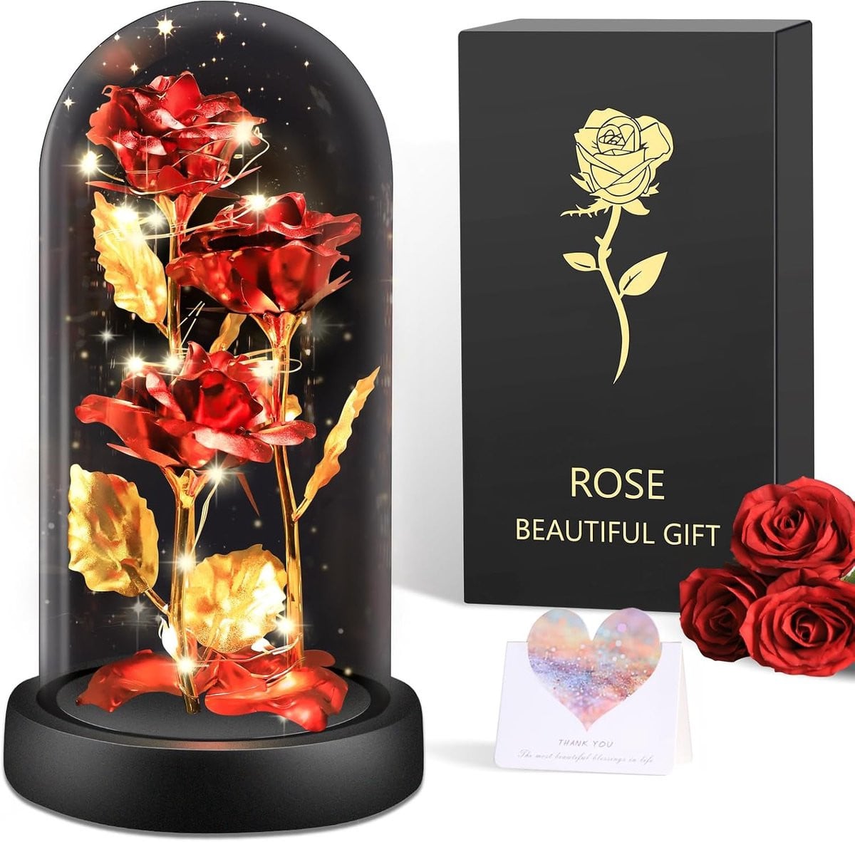Eeuwige rode roos in glazen koepel met LED-verlichting - Galaxy Roos cadeau