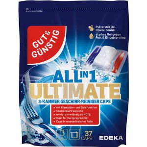 Gut&Günstig Spülmaschinentabs All in 1 Ultimate Fusion Caps, Oxi-Power, kraftvolle Reinigung, strahlender Glanz, 37 Stück