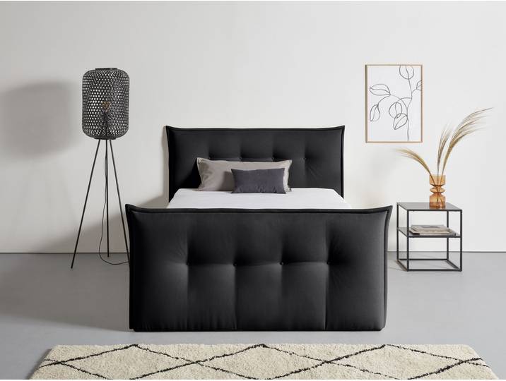 Boxspringbett, Strukturstoff, Grau, 175×226 cm, Bettkasten & Topper, Skandinavisch, andas