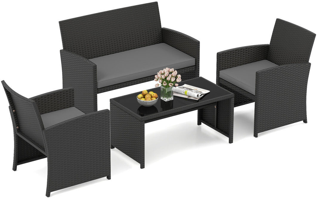 House of Hampton 4 Piece Patio Rattan Conversation Set Wicker Loveseat Armchairs Grey 4