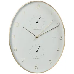 WellHome - Aluminium-Wanduhr mit Goldrand, Thermometer und Hygrometer, 34,5 x 27,1 cm