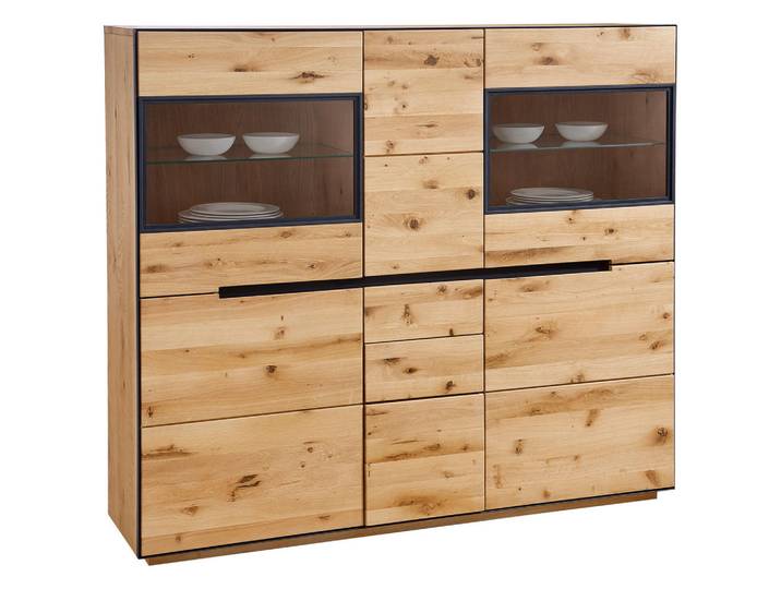 Linea Natura Highboard Kelio, Eiche, Holz, Metall, Glas, Wildeiche,Wildeiche,Wildeiche,Wildeiche, furniert, massiv, teilmassiv,furniert,massiv,furniert, 5 Fächer, 3 Schublade(n) Schubladen, 155x136x38 cm, Beimöbel erhältlich, Holzmöbel, Kleinmöbel Holz, Holzkommoden, Highboards Holz