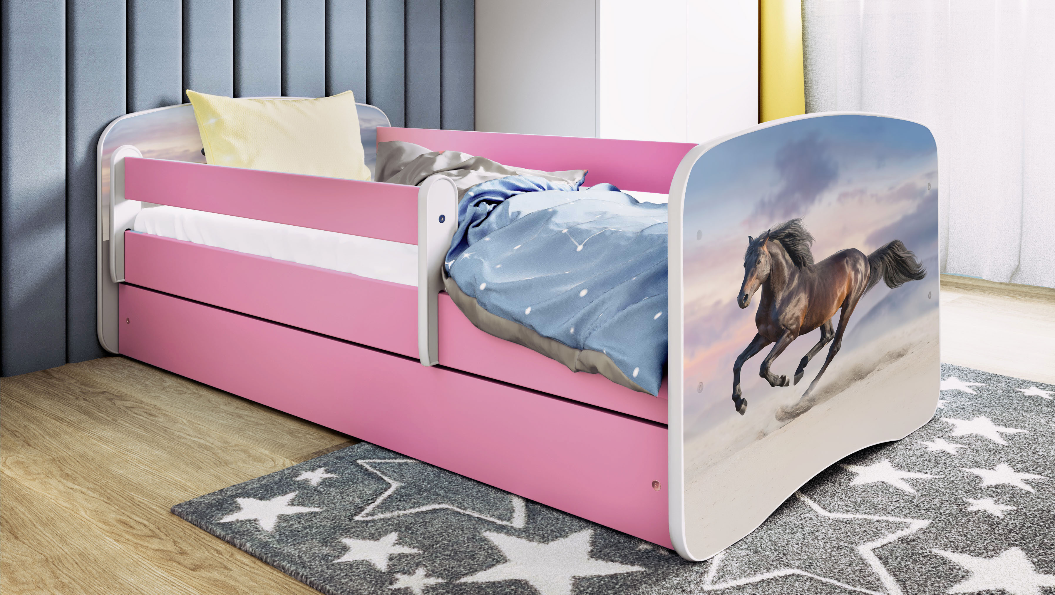 Kinderbett Jugendbett Pferd im Galopp 70x140, 80x160, 80x180 cm - Komplettset mit Schublade & Rausfallschutz