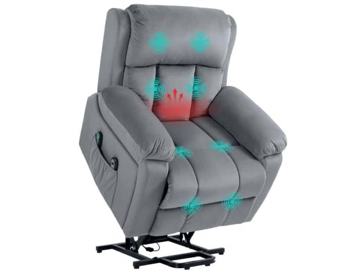 HOMCOM Elektrischer Relax-Sessel mit Massage und Heizung Grau Elektrischer Lift-Sessel, verstellbare Neigung, breiter Sitz, synthetischer Bezug, Fußstütze, Fernbedienungen