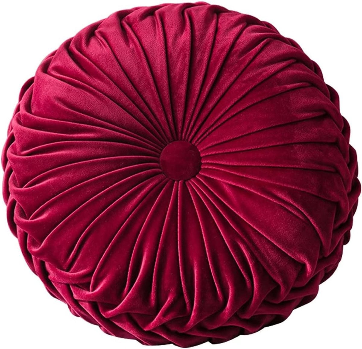 Rond Fluwelen Sierkussen voor Bank - Handgemaakt Decoratief Kussen - Wijnrood - Diameter: 34,5 cm