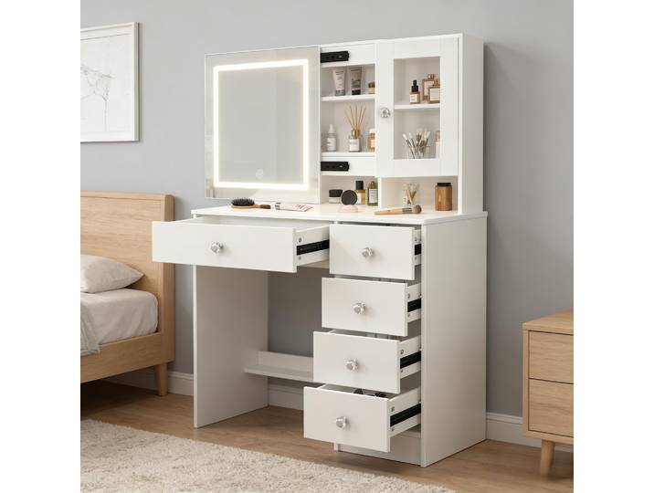 Teousev coiffeuse moderne maquillage vanité bureau grand miroir coulissant LED 5 tiroirs organisateur de rangement à intensité variable meubles de chambre