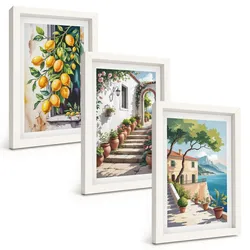 BILDER SET 3er Set - 20x30 cm Weißer Rahmen - Zitronen, Blumen, Meerblick