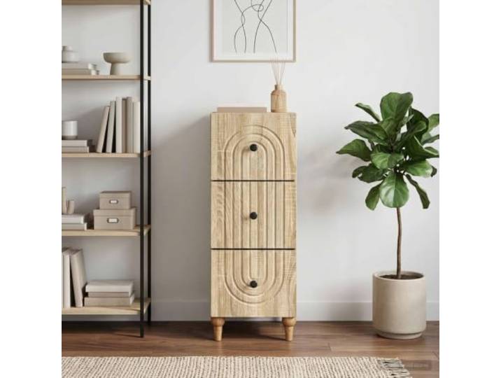 KGHFDVB Schubladenschrank 33 x 34,5 x 90 cm Holzwerkstoff Sonoma-Eiche Vintage Design, Konische Beine, Mehrere Schubladen, Schwarze Metallknöpfe, Für Wohnzimmer