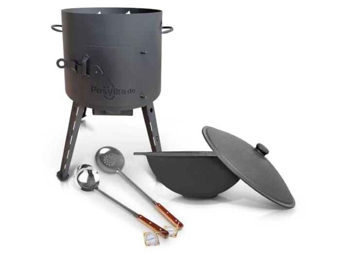 Utschak Feuerofen mit Gusseisen Topf flacher Boden mit Deckel 12 L Ø 40 cm Kazan Schaumlöffel für Plov 48 cm Schöpfkelle für Plov 48 cm Учаг Uchag казан Kasan Oven (Set 3)