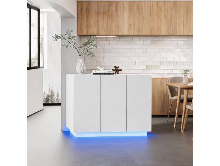 Buffet blanc laqué 120 cm avec LED RGB - Meuble de rangement design 2 portes et niches ouvertes socle lumineux