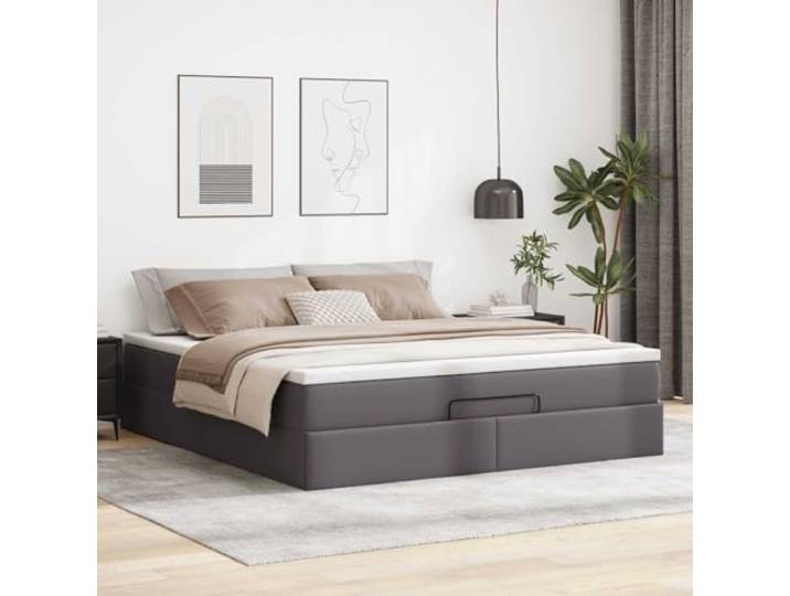 KTHLBRH Boxspringbett Grau 180 x 200 cm mit Matratze Hydraulischer Aufzug, schmutzabweisendes Kunstleder, Taschenfedern, inklusive Matratzenbezug