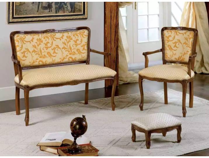 JVmoebel Wohnzimmer-Set Klassische Sitzbank mit Hocker und Stuhl in Beige-Braun, (3-St., Sitzbank, Stuhl mit Armlehnen, Hocker), Made in Europa