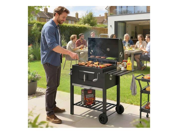 Outsunny Holzkohlegrill BBQ Smoker mit Deckel Thermometer Räder, Grillwagen, Holzkohle Kohlegrill, Gartengrill, Edelstahl Schwarz 113 x 65 x 108 cm