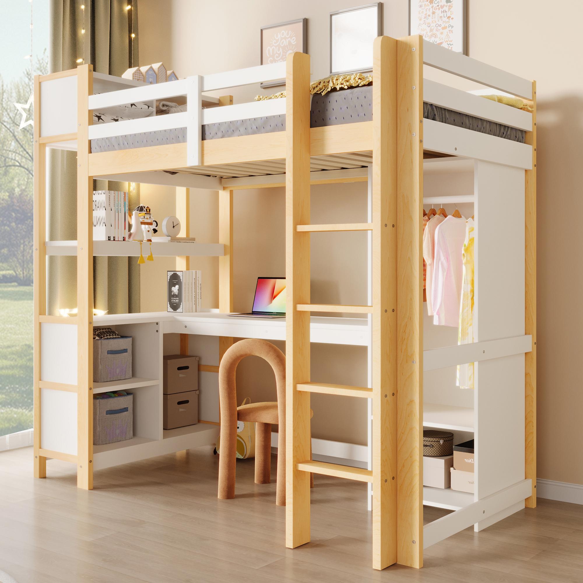 Hochbett 90x200 cm mit Schreibtisch, Kleiderschrank & offenen Regalen, erhöhtes Schutzgeländer, Kiefernholz/MDF, Weiß/Natur
