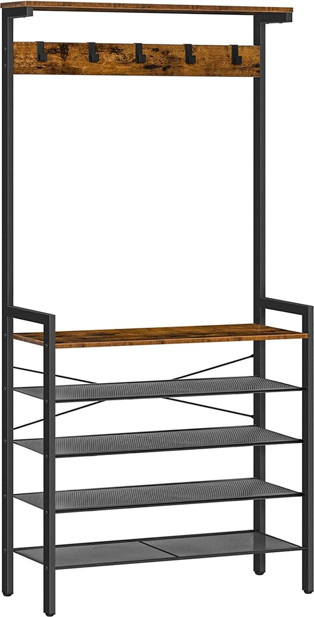 Furnibella Kapstok met 5-laags schoenenrek en 5 haken, Industriële Hall Tree met houten topblad, Rustiek bruin EBF74MT01