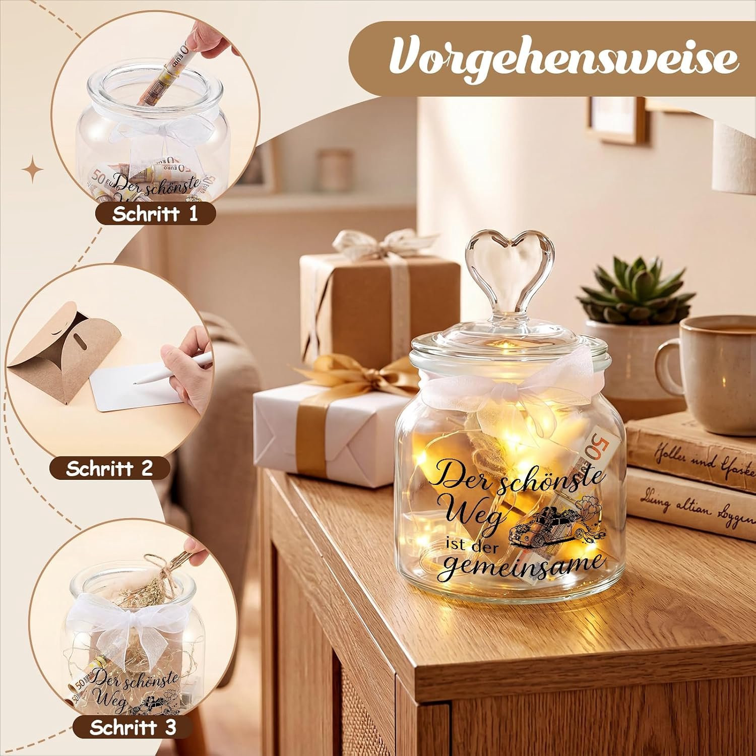 Cadeauverpakking met geld en LED-fleslampje met gedroogde bloemen voor huwelijksgeschenken