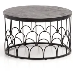 COUCHTISCH Rund in Schwarz aus Mango Massivholz mit Metallgestell, 60x60x36cm, Industrial Design