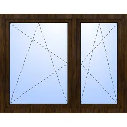 Kunststoff Fenster 2-flügelig asymm JACOB Dreh-Kipp/Dreh-Kipp fester Pfosten Nussbaum holzähnlich innen öffnend DIN links: Schmaler Flügel links