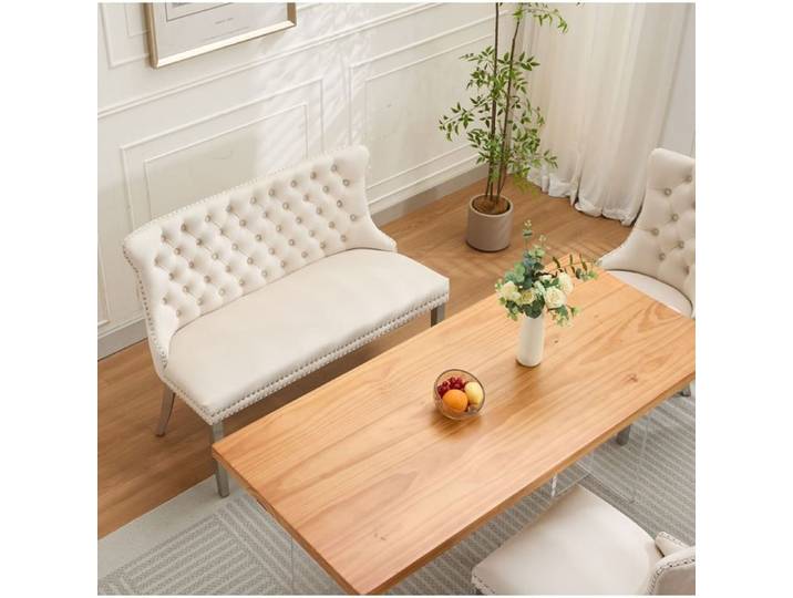 Banquette 2 Places Velours Beige Banc Repas Mid-Century FloraGrace Pour Coin Repas Dossier Capitonne 116x57.5x89.5cm