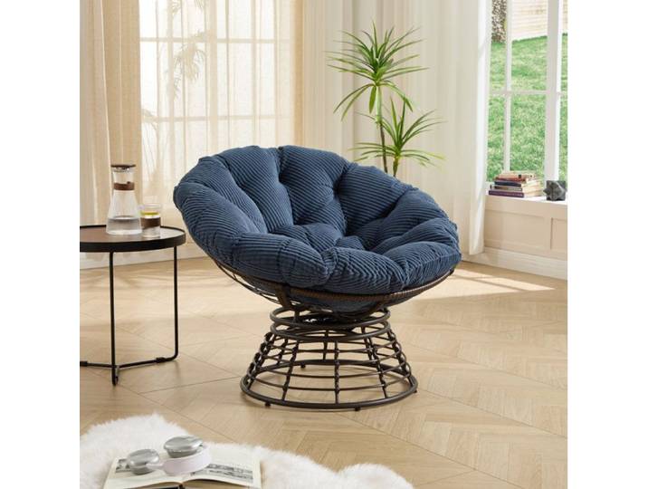 Fauteuil papasan pivotant 1 personne rotatif 360° acier et rotin PE coussin bleu marine