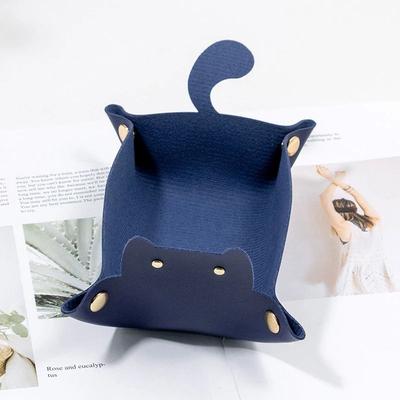 Uplift Picks PU Leather Cat Shape Storage Tray Desktop Jewelry Organizer blue