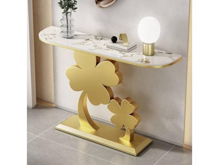 LEUBDIBR Moderne halbmondförmige Konsole Tisch, schmaler Holz-Eingangstisch Sintersteinplatte, Metallrahmen, 30cm Tiefe, Vorraumdeko Flurkonsole Tisch(Gold Frame‑C,160cm/63.0in)