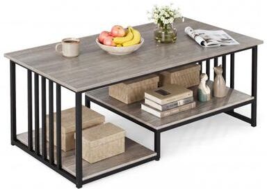 "Costway 43.5"" Coffee Table 2-Tier with Open Storage Shelf-Oak"