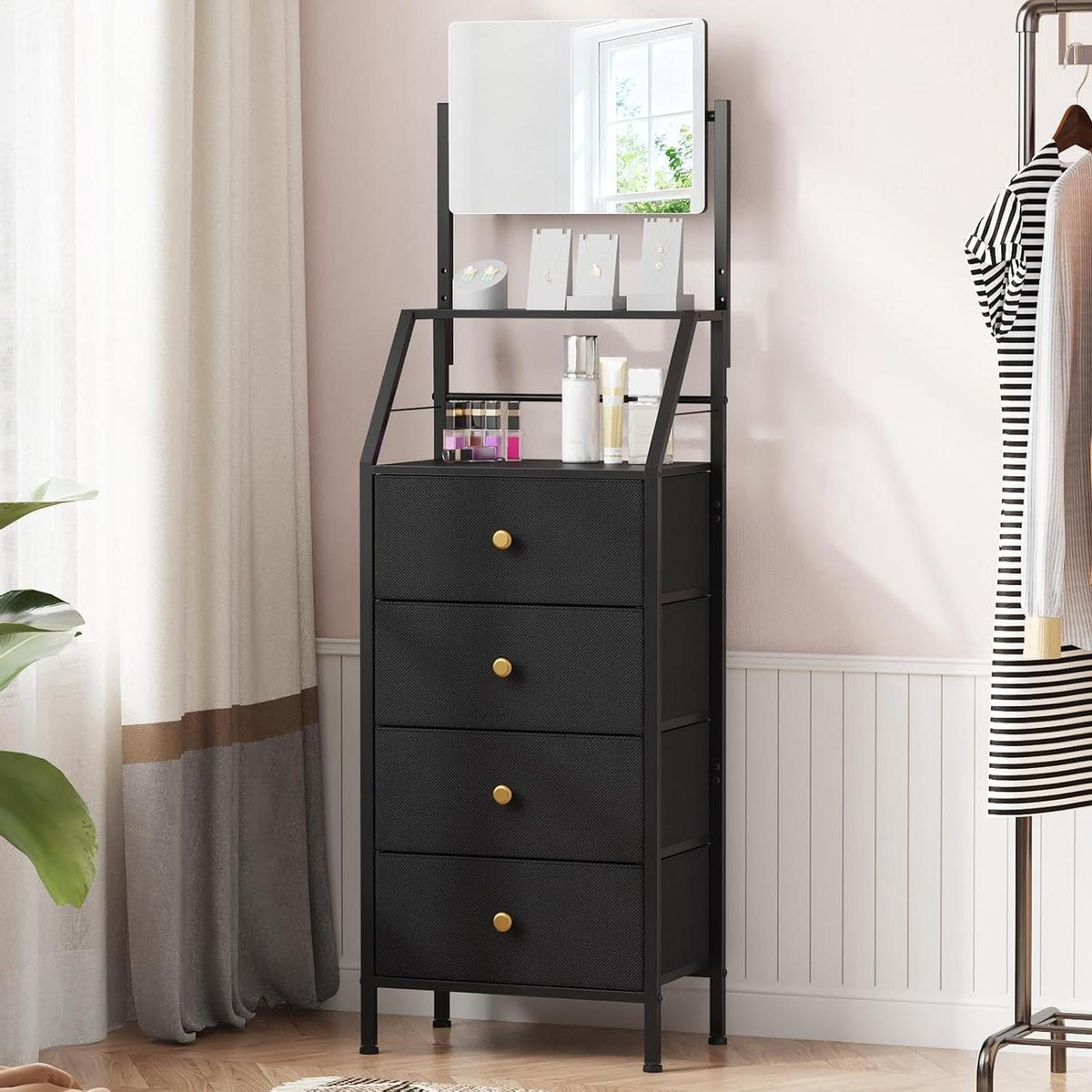 Moderne zwarte ladekast met ingebouwde verstelbare spiegel, Hoogte: 147 cm