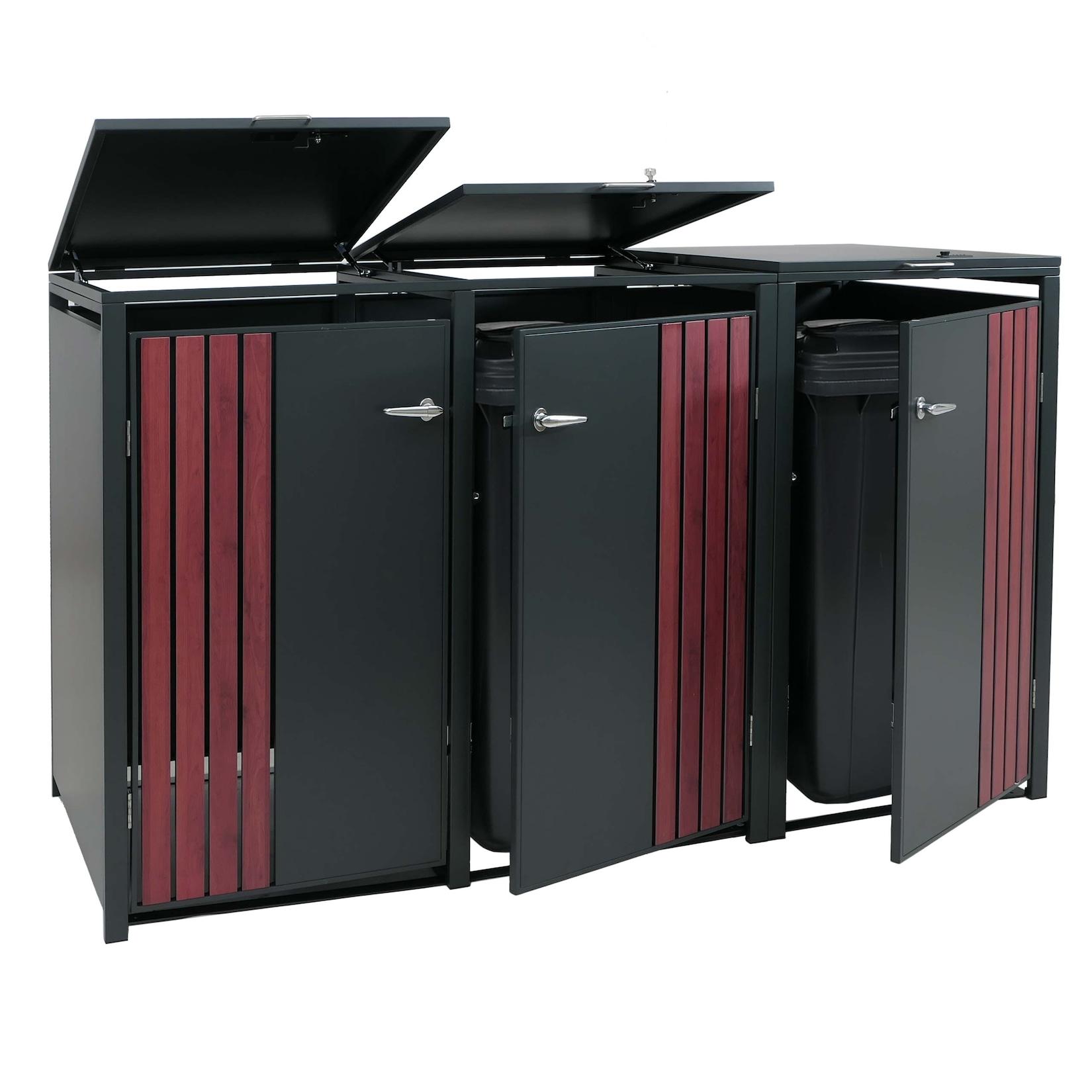 3er-Mülltonnenverkleidung MCW-O67, Mülltonnenbox mit Deckel, Metall 122x200x84cm 83kg ~ anthrazit Holzoptik dunkel