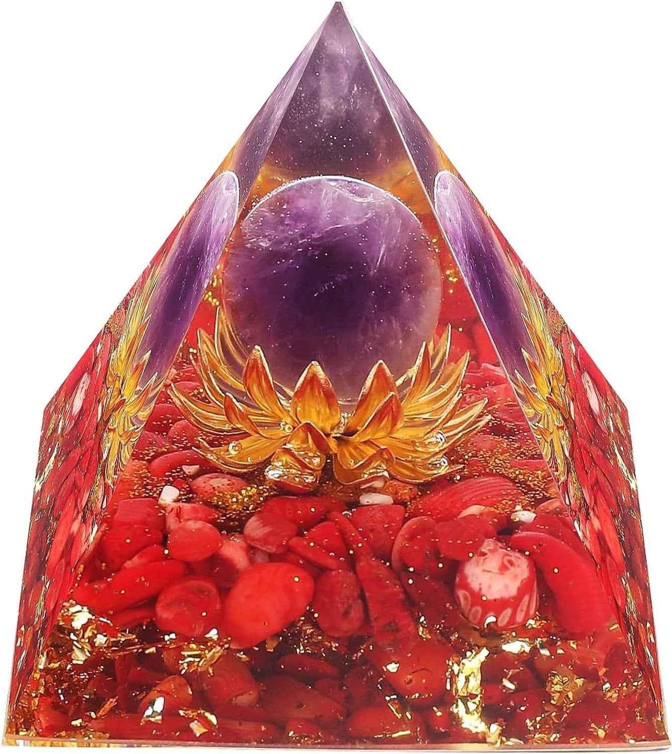 Flower of Life Orgone Piramide met Amethist en Rood Koraal voor Positieve Energie en Meditatie