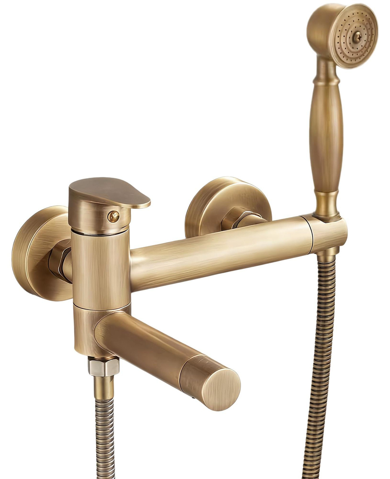 Dripio Retro badkraan met handdouche en draaibare uitloop, antiek messing, voor wandmontage