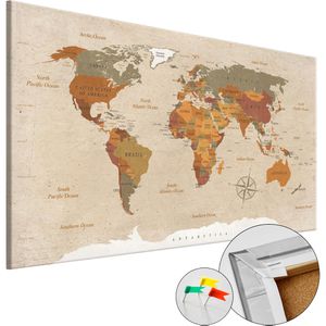 Artgeist Weltkarte Beige Chic, Englisch, mit Holzrahmen, Pinnwand aus Kork & Leinwanddruck, politische Karte, 90 x 60cm