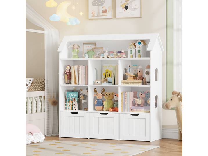 Getone Meuble de Rangement Enfant avec 7 Étagères 3 Tiroirs Roulants, Bibliotheque Enfant Forme de la maison Bibliothèque Enfant Jouet Enfant pour Chambre Salle de Jeu 120x33x117.5cm