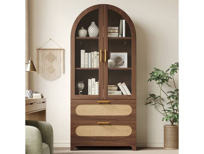 WOVREO Vitrine bibliotheque 80 x 40 x 175 cm 2 portes vitrees 2 tiroirs 3 etageres reglables noyer