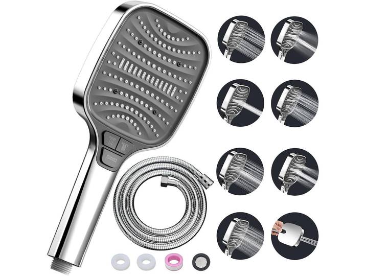 Duschkopf mit Schlauch 1.5m, 8 Strahlarten, Stoppfunktion, Regendusche, Wassersparend, Silber