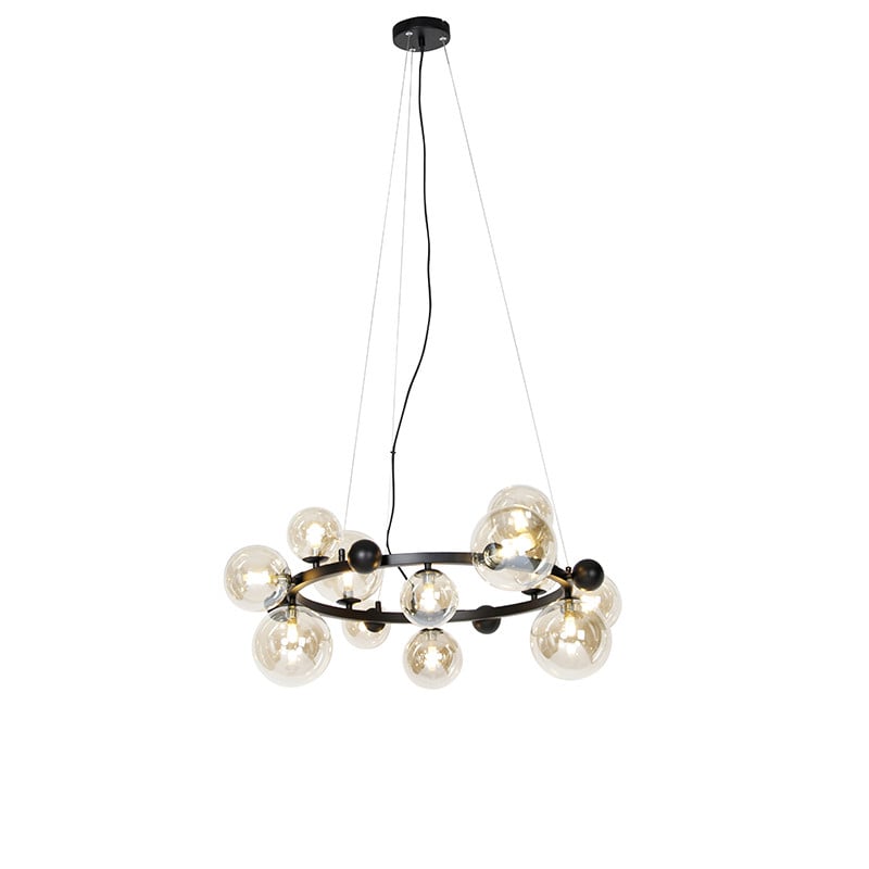 Qazqa Art Deco hanglamp David - Zwart met Amber Glas - 12-lichts