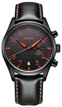 Everyday Crate Ochstin 5043C Business Quartz Watch Waterproof Genuine Leather Strap Watch For Men black+black+orange