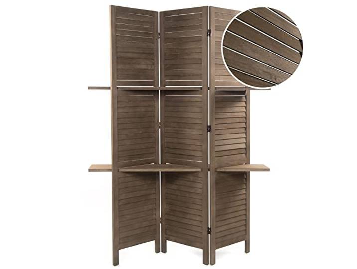DESIGN DELIGHTS Holz RAUMTEILER Cottage II 3-teilig, 170x120 cm, Holz Paravent mit Regalböden, Faltbarer Raumtrenner, Trennwand, Sichtschutz mit Ablage Farbe: braun
