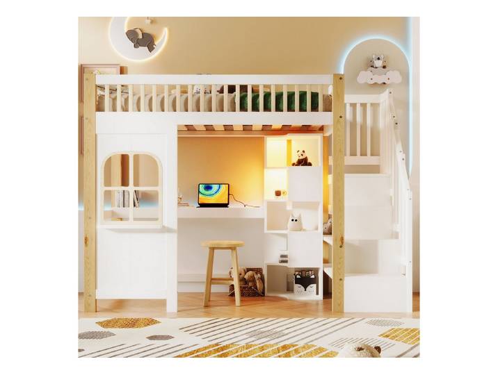 MODFU Kinderbett mit Ablageleiter & Schreibtisch, mit Stauraum (Holzbett mit LED-Beleuchtung, Fensterform, Hochbett 90x200 cm), ohne Matratze