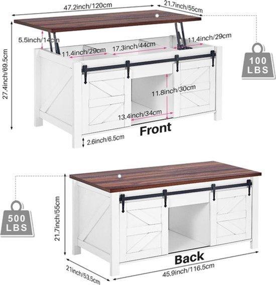Wohnzimmertisch - Lift-Top - Große Versteckte Aufbewahrungsfläche - Massivholzkonstruktion - 117 x 53 x 55 cm - Rostbraun