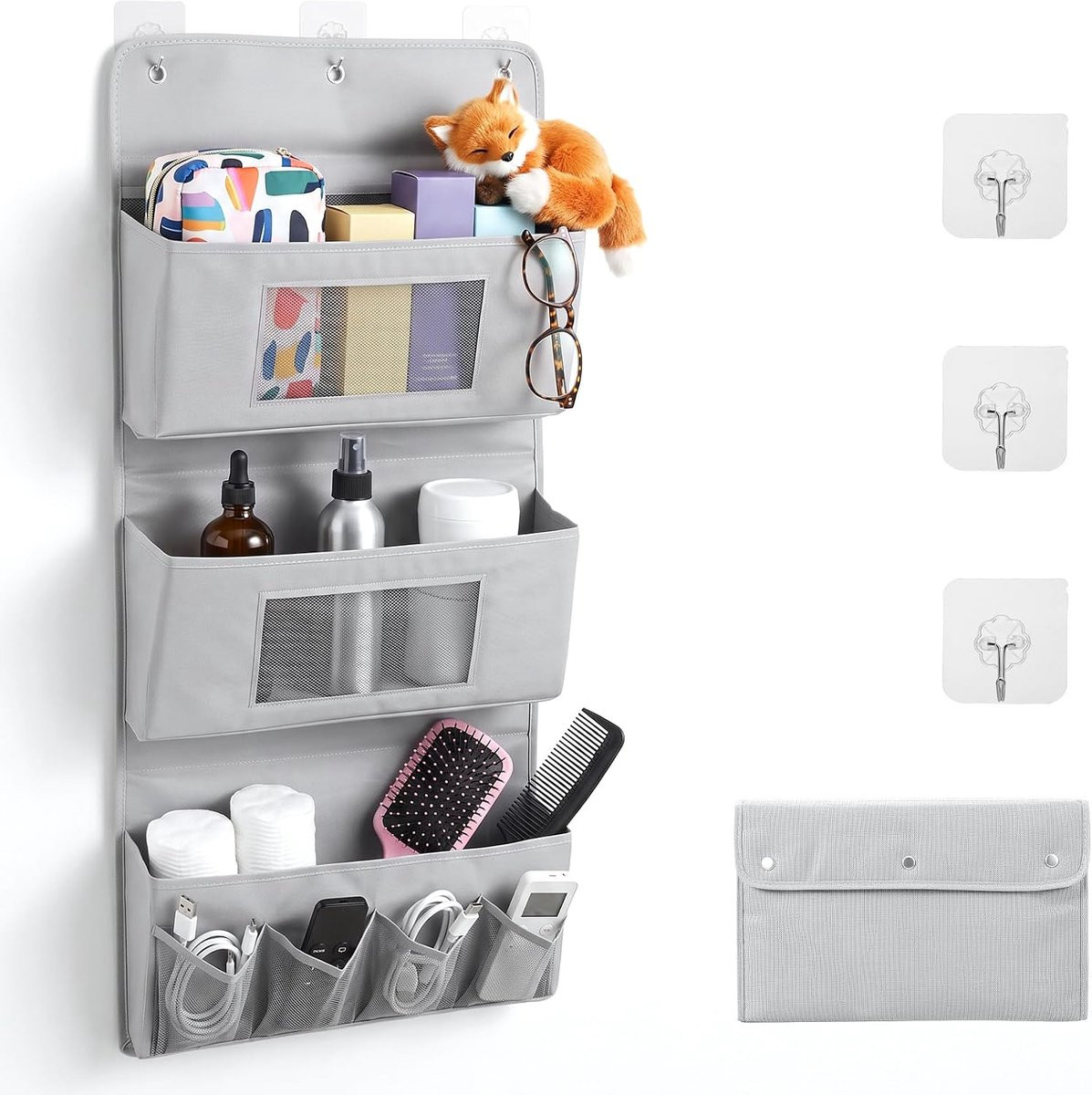 Grijs opvouwbare hangorganizer met 3 lagen en 3 haken