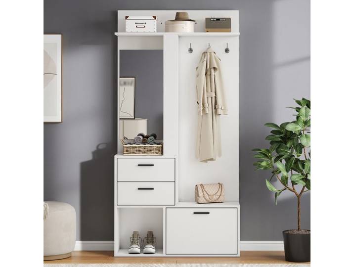 Meuble d'entrée vestiaire blanc 90x30x180 cm avec miroir plein pied 2 tiroirs 3 crochets et range-chaussures
